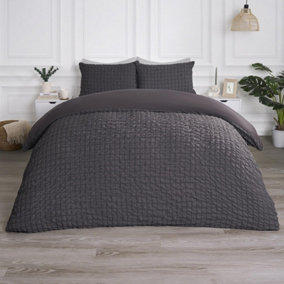 Luxury Seersucker Duvet Cover Set Geo Pillowcase Quilt, Charcoal - Superking