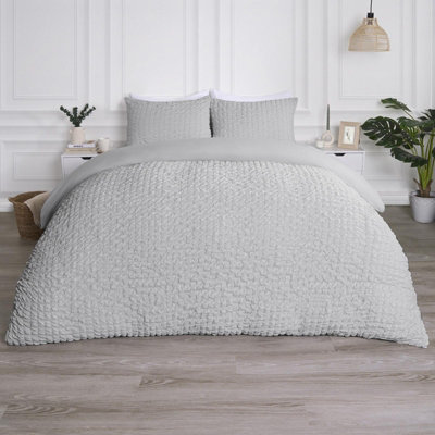 Luxury Seersucker Duvet Cover Set Geo Pillowcase Quilt, Grey - Single