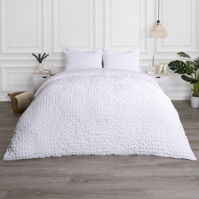 Luxury Seersucker Duvet Cover Set Geo Pillowcase Quilt, White - Double