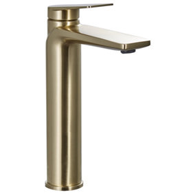Luxury Sleek Modern Tall High Rise Mono Basin Mixer - Brushed Brass