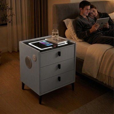Luxury Smart Bedside Table, LED Light, Wireless Charging & 3 Drawers - Grey