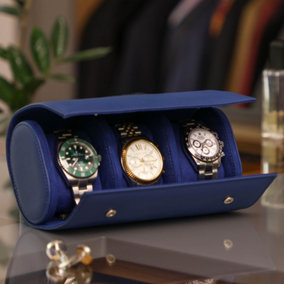 Luxury Steel Blue 3 Section Watch Storage Box, Unisex Watch Gift Box, Watch Travel Case