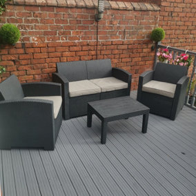 Luxury Sturdy Black Rattan Garden Sofa Set With Chairs 4 Piece Rattan Furniture Set Lounger Includes Sofa, 2 Chairs, Coffee Table
