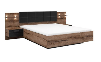 Luxury Super King Bed Frame with Padded Headboard LED Lights USB Chargers Bedside Cabinets Oak Black Kassel