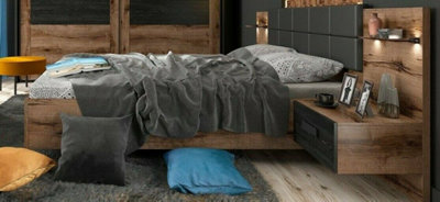 Luxury Super King Bed Frame with Padded Headboard LED Lights USB Chargers Bedside Cabinets Oak Black Kassel