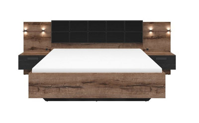 Luxury Super King Bed Frame with Padded Headboard LED Lights USB Chargers Bedside Cabinets Oak Black Kassel