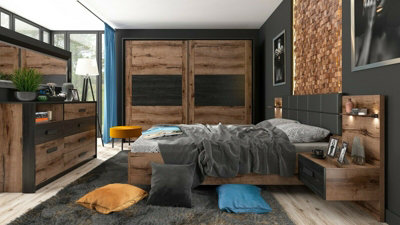 Luxury Super King Size Bedroom Furniture Set with Sliding Wardrobe Bed Frame LED Lights Bedsides USB Oak Black Kassel