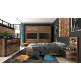 Luxury Super King Size Bedroom Furniture Set with Sliding Wardrobe Bed Frame LED Lights Bedsides USB Oak Black Kassel