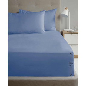 Luxury Super Soft Percale Plain 16" Deep Fitted Sheet Double Blue Fitted Sheet