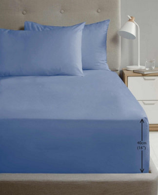 Luxury Super Soft Percale Plain 16" Deep Fitted Sheet Double Blue Fitted Sheet