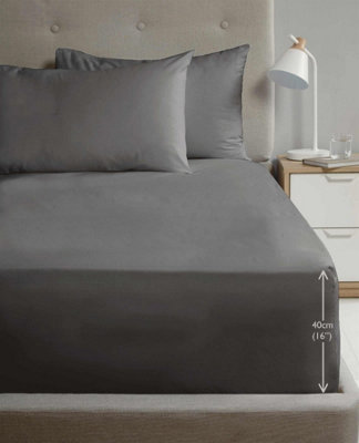 Luxury Super Soft Percale Plain 16" Deep Fitted Sheet Single Charcoal Fitted Sheet