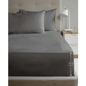 Luxury Super Soft Percale Plain 16" Deep Fitted Sheet Single Charcoal Fitted Sheet