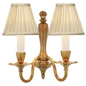 Luxury Traditional Twin Wall Light Solid Brass & Pleated Beige Shade Dimmable