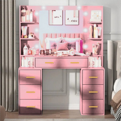 Luxury Vanity Makeup Table, LED Lights, Large Storage Drawers, & Mirror -  Available in 4 Colors: White,