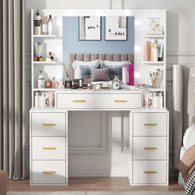 Luxury Vanity Makeup Table, LED Lights, Large Storage Drawers, &amp; Mirror - Available in 4 Colors: White, Black, Grey,&amp; Pink (White)