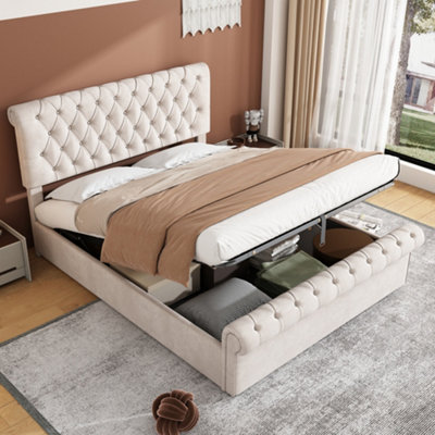 Luxury Velvet King Size Bed Frame Upholstered Headboard Ottoman with Underbed Storage Cream Beige 5ft, 150x200cm