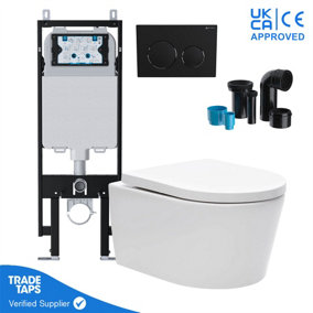 Luxury Wall Hung Rimless Toilet Pan Slim Concealed Cistern Frame 1.14-1.35m w/Matt Black Flush Plate