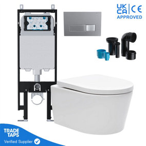 Luxury Wall Hung Rimless Toilet Pan Slim Concealed Cistern Frame 1.14-1.35m w/Square Chrome Flush Plate