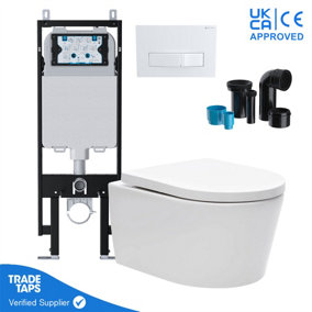 Luxury Wall Hung Rimless Toilet Pan Slim Concealed Cistern Frame 1.14-1.35m w/Square Gloss White Flush Plate