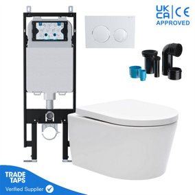 Luxury Wall Hung Rimless Toilet Pan with VIVA Slim Concealed Cistern Frame 1.14-1.35m & Gloss White Flush Plate