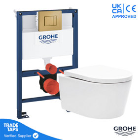 Luxury Wall Hung Toilet WC Pan with GROHE 0.82m Concealed Cistern Dual Flush  Frame - Brushed Cool Sunrise