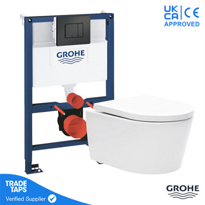 Luxury Wall Hung Toilet WC Pan with GROHE 0.82m Concealed Cistern Dual Flush  Frame - Phantom Black