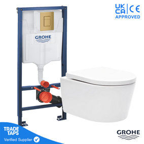 Luxury Wall Hung Toilet WC Pan with GROHE 1.13m Concealed Cistern Dual Flush  Frame - Brushed Cool Sunrise