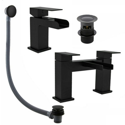 Luxury Waterfall Matt Black Basin Sink Tap, Bath Filler & Bath Waste Set