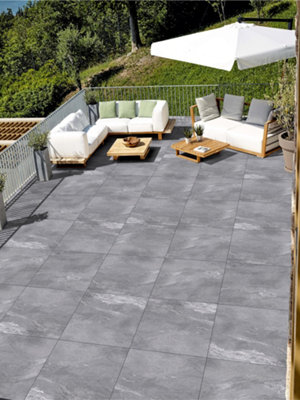 Luzia Porcelain Slabs - Volcanic Grey Contemporary Outdoor Tiles - 600 x 600 x 20mm - 60 pack ( 21.6 m2 )