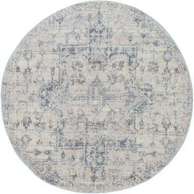LYA Round Vintage Traditional Oriental Boho Ivory Area Rug 160 x 160 cm