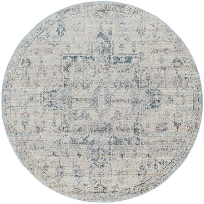 LYA Round Vintage Traditional Oriental Boho Ivory Area Rug 200 x 200 cm