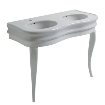 Lyana Traditional Double Console Basin with Wooden Leg Stand in Gloss White