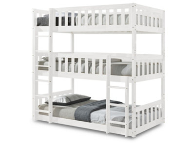 Lydia Triple Bunk Bed, Economy Plus MATTRESSES INCLUDED, White Wooden High Sleeper Kids Bunk Bed, Solid Rubberwood Bed Frame