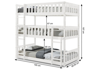 Lydia Triple Bunk Bed, Economy Plus MATTRESSES INCLUDED, White Wooden High Sleeper Kids Bunk Bed, Solid Rubberwood Bed Frame