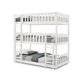 Lydia Triple Bunk Bed With Foamex 10 MATTRESSES INCLUDED, White Wooden High Sleeper Kids Bunk Bed, Solid Rubberwood Bed Frame