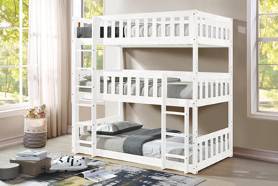 Lydia Triple Bunk Bed With Ladder in WHITE, Wooden High Sleeper Kids Bunk Bed, Solid Rubberwood Bed Frame