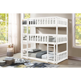 Lydia Triple Bunk Bed With Ladder in WHITE, Wooden High Sleeper Kids Bunk Bed, Solid Rubberwood Bed Frame