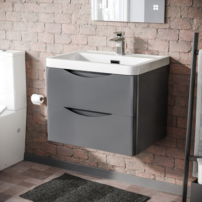 Lyndon 600mm Light Grey Gloss Bathroom Wall Hung Basin Vanity Unit ...