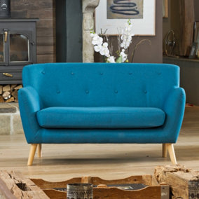 Lynwood 137cm Wide Teal 2 Seat Textured Fabric Scandi Sofa With Both Light and Dark Wooden Legs