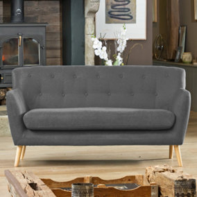 Lynwood 177cm Wide Dark Grey 3 Seat Textured Fabric Scandi Sofa With Both Light and Dark Wooden Legs