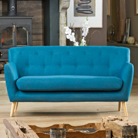 Lynwood 177cm Wide Teal 3 Seat Textured Fabric Scandi Sofa With Both Light and Dark Wooden Legs