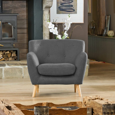 Lynwood 86cm Wide Dark Grey Textured Fabric Scandi Arm Chair With Both   Lynwood 86cm Wide Dark Grey Textured Fabric Scandi Arm Chair With Both Light And Dark Wooden Legs~5060980886716 01c MP