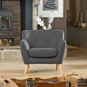 Lynwood 86cm Wide Dark Grey Textured Fabric Scandi Arm Chair With Both Light and Dark Wooden Legs