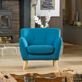 Lynwood 86cm Wide Teal Textured Fabric Scandi Arm Chair With Both Light and Dark Wooden Legs