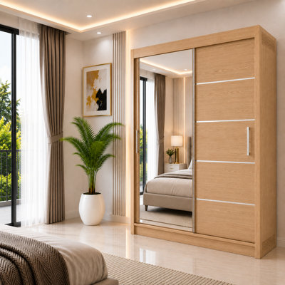 Lyon Modern Sliding Mirror Door Wardrobe with Drawers & Shelves- Oak ...