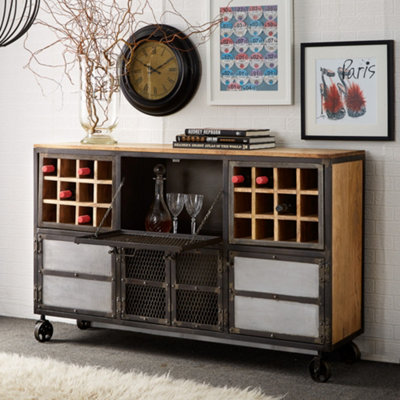 Lyynet Industrial Solid Wood And Reclaimed Metal Wine Bar Sideboard With Wheels