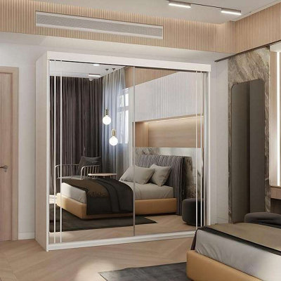 M N Furniture White Modern Sliding Door Wardrobe with Mirror and LED ...