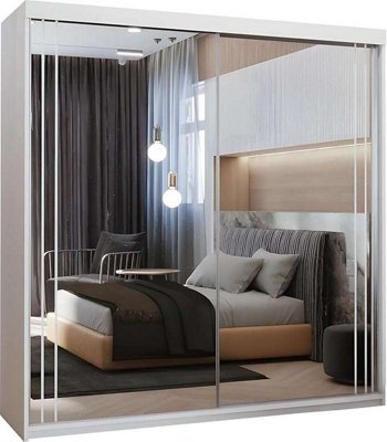 M N Furniture White Modern Sliding Door Wardrobe with Mirror and LED ...
