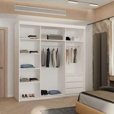 M N Furniture White Modern Sliding Door Wardrobe with Mirror and LED ...