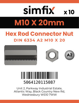 M10 X 20 Hex Rod Connector Nut 10 Pack A2 Stainless Steel